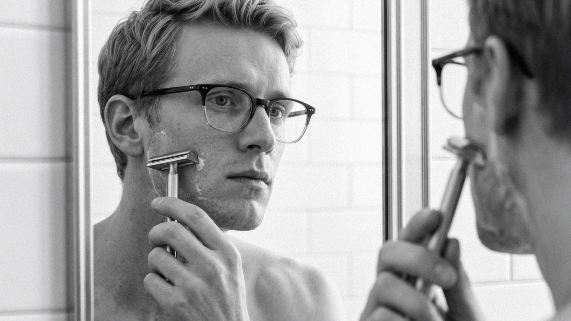 Man shaving in a bathroom, annotated with the atoms of the scene.