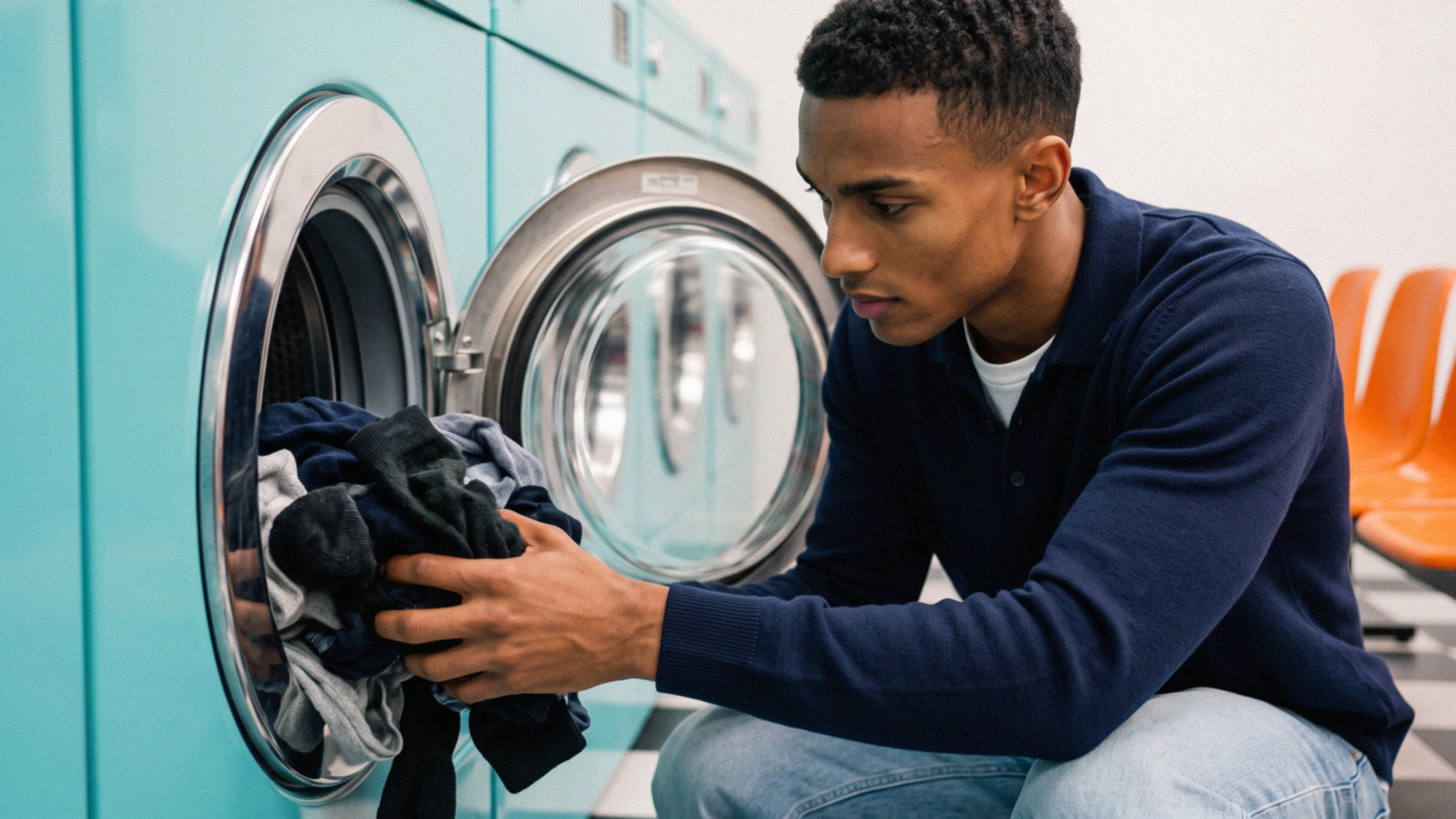 Man loading a laundromat washing machine, annotated with the atoms of the scene.