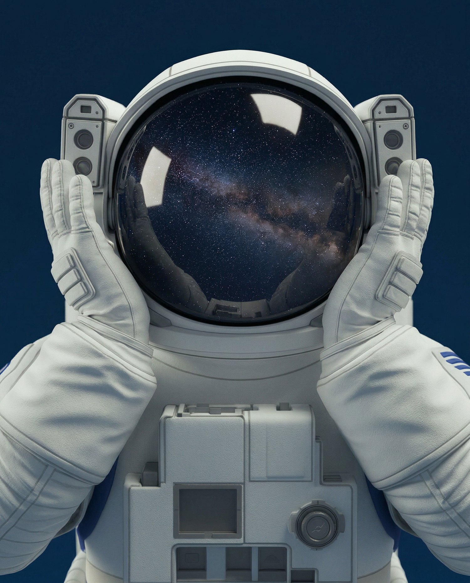 Astronaut holding the helmet, galaxy reflected in the visor